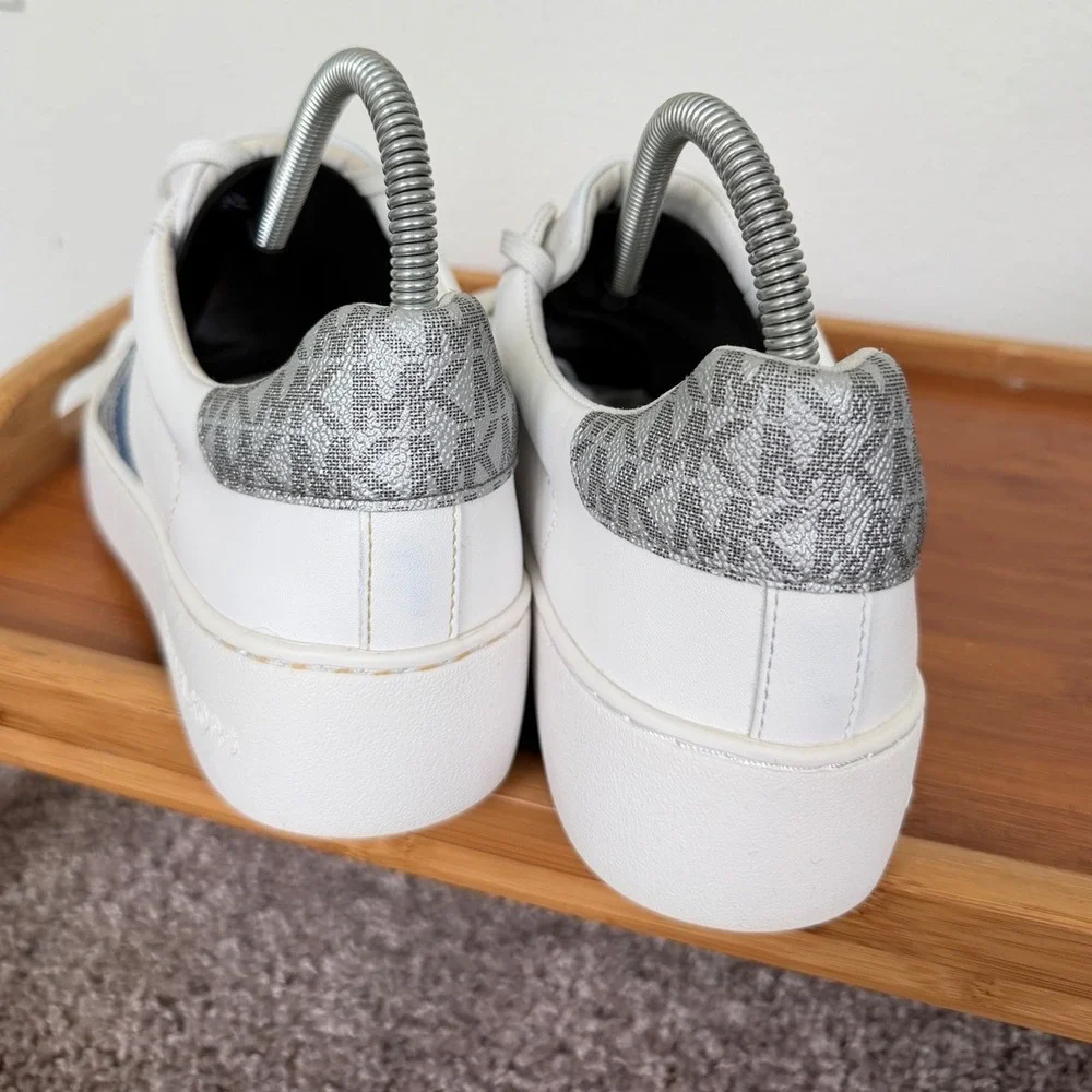 Michael Kors Poppy White Platform Sneakers Blue Silver Logo Stripe LS24J Sz 8.5